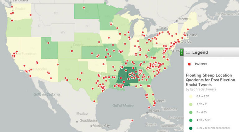 Geo-located Tweets using racist language, mapped by state and exact location. Click for larger image