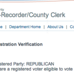 Screenshot of a Los Angeles County voter registration verification page showing Registered Party: REPUBLICAN