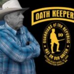 Composite graphic pairing a photograph of Cliven Bundy with the Oath Keepers militia insignia