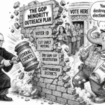 A federal judge smashes a brick wall labeled “The GOP Minority Outreach Plan” with a gavel marked “Federal Courts.” Bricks labeled “Voter ID,” “Cut Early Voting,” “End Same-Day Registration,” and “Gerrymandered Districts” collapse as voters approach the polls. A GOP elephant protests, “You’re destroying our election strategy!”