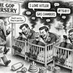 Editorial cartoon titled THE GOP NURSERY. Three grown men in suits and dress shoes sit in wooden cribs, grinning at their phones. Their badges read YRs, FUTURE LEADER and ELECT ME; one phone screen reads PRIVATE CHAT. Black smoke rises from the phones into speech bubbles reading I LOVE HITLER, GAS CHAMBERS and #!%@!! In the doorway an elephant in a suit and party-logo lapel pin spreads its hands and says, "Don't worry. They're just kids." Beside it a distressed man labeled PUBLIC backs away holding a newspaper headlined CHAT LEAKED. Toy blocks on the floor spell GOP; a baby bottle, a rattle and a stacking ring lie among them, and an elephant mobile and a framed Republican elephant hang on the nursery wall.