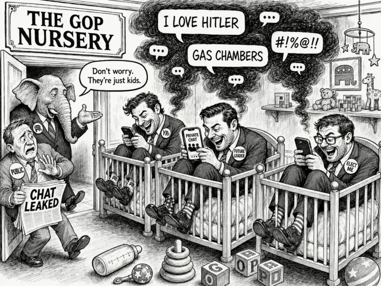 Editorial cartoon titled THE GOP NURSERY. Three grown men in suits and dress shoes sit in wooden cribs, grinning at their phones. Their badges read YRs, FUTURE LEADER and ELECT ME; one phone screen reads PRIVATE CHAT. Black smoke rises from the phones into speech bubbles reading I LOVE HITLER, GAS CHAMBERS and #!%@!! In the doorway an elephant in a suit and party-logo lapel pin spreads its hands and says, "Don't worry. They're just kids." Beside it a distressed man labeled PUBLIC backs away holding a newspaper headlined CHAT LEAKED. Toy blocks on the floor spell GOP; a baby bottle, a rattle and a stacking ring lie among them, and an elephant mobile and a framed Republican elephant hang on the nursery wall.