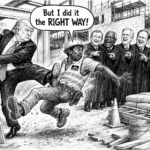 Editorial cartoon: Donald Trump kicks a Black construction worker wearing a Haitian flag patch off a building site while six laughing Supreme Court justices point at him. The worker calls out, "But I did it the RIGHT WAY!"