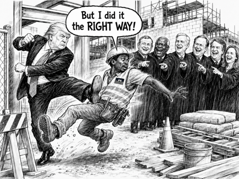 Editorial cartoon: Donald Trump kicks a Black construction worker wearing a Haitian flag patch off a building site while six laughing Supreme Court justices point at him. The worker calls out, "But I did it the RIGHT WAY!"