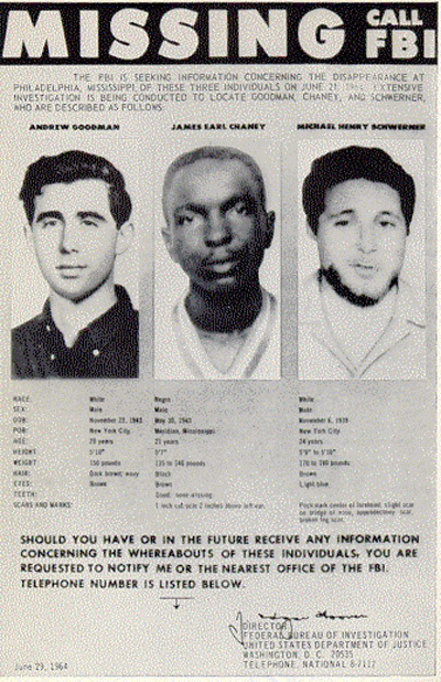 FBI missing-persons poster for civil-rights workers James Chaney, Andrew Goodman, and Michael Schwerner, June 1964