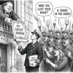 Editorial cartoon. From an upper window of a grand building labeled ENDORSEMENT OFFICE, a portly politician hands down an ornate scroll reading MY GREAT HONOR to a puzzled Navy veteran in dress uniform holding a folder labeled NAVY RECORD. A torch-and-pitchfork mob in identical baseball caps presses in, shouting in speech balloons: HAVE YOU LOST YOUR MIND?, A SNAKE IN THE GRASS!, and NO WAY. At the mob's edge, a small bespectacled man holds up a sign reading HIS WEBSITE SAYS CHRISTIAN, and is ignored by everyone.