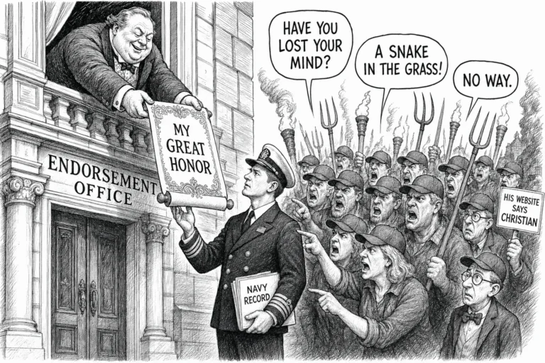 Editorial cartoon. From an upper window of a grand building labeled ENDORSEMENT OFFICE, a portly politician hands down an ornate scroll reading MY GREAT HONOR to a puzzled Navy veteran in dress uniform holding a folder labeled NAVY RECORD. A torch-and-pitchfork mob in identical baseball caps presses in, shouting in speech balloons: HAVE YOU LOST YOUR MIND?, A SNAKE IN THE GRASS!, and NO WAY. At the mob's edge, a small bespectacled man holds up a sign reading HIS WEBSITE SAYS CHRISTIAN, and is ignored by everyone.