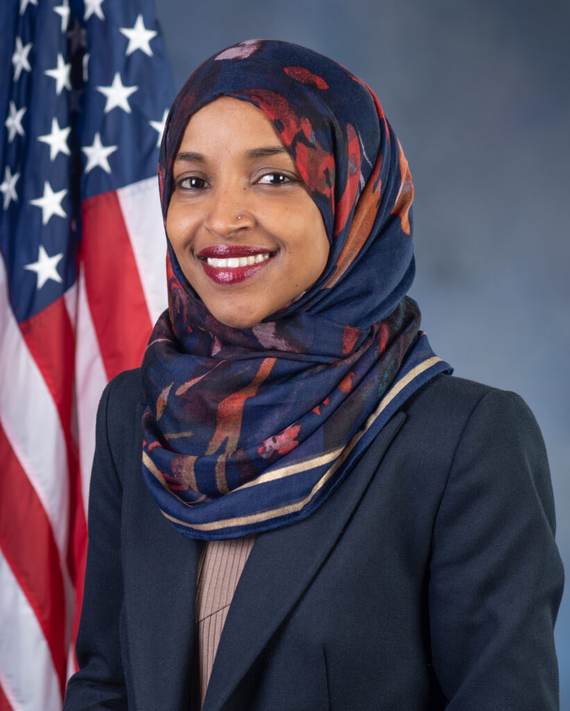 Official 116th Congress portrait of Rep. Ilhan Omar of Minnesota, a naturalized citizen born in Mogadishu, Somalia.