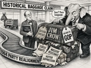 Editorial cartoon titled HISTORICAL BAGGAGE CLAIM. In an airport, a conveyor belt labeled 1964 PARTY REALIGNMENT carries a battered steamer trunk stenciled JIM CROW. Two luggage tags hang from it: a frayed old one reading SOUTHERN DEMOCRATS and a clean new one reading DELIVER TO: GOP. An elephant in a suit grips the trunk's handle, points at the old tag and says, "See? Their baggage." Loose papers spill from the trunk marked STATES' RIGHTS, MASSIVE RESISTANCE and VOTER SUPPRESSION. In the background a baggage cart labeled SOUTHERN DEMOCRATS is driven away by a donkey. A bespectacled man in a bow tie stands watching, holding a ledger labeled THE RECORD.