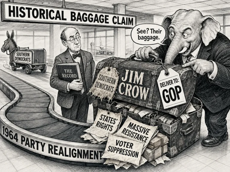 Editorial cartoon titled HISTORICAL BAGGAGE CLAIM. In an airport, a conveyor belt labeled 1964 PARTY REALIGNMENT carries a battered steamer trunk stenciled JIM CROW. Two luggage tags hang from it: a frayed old one reading SOUTHERN DEMOCRATS and a clean new one reading DELIVER TO: GOP. An elephant in a suit grips the trunk's handle, points at the old tag and says, "See? Their baggage." Loose papers spill from the trunk marked STATES' RIGHTS, MASSIVE RESISTANCE and VOTER SUPPRESSION. In the background a baggage cart labeled SOUTHERN DEMOCRATS is driven away by a donkey. A bespectacled man in a bow tie stands watching, holding a ledger labeled THE RECORD.