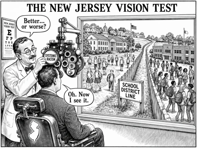 Editorial cartoon titled THE NEW JERSEY VISION TEST. An optometrist swings a lens labeled SYSTEMIC RACISM into a phoropter in front of a seated patient and asks, "Better... or worse?" The patient, in a chair stenciled with the outline of New Jersey, is looking through a window at two schoolyards divided by a fence and a sign reading SCHOOL DISTRICT LINE: on one side a hilltop school with only white children, on the other a flat brick school with only children of color. The patient answers, "Oh. Now I see it." An eye chart on the wall reads NEW JERSEY VISION TEST.