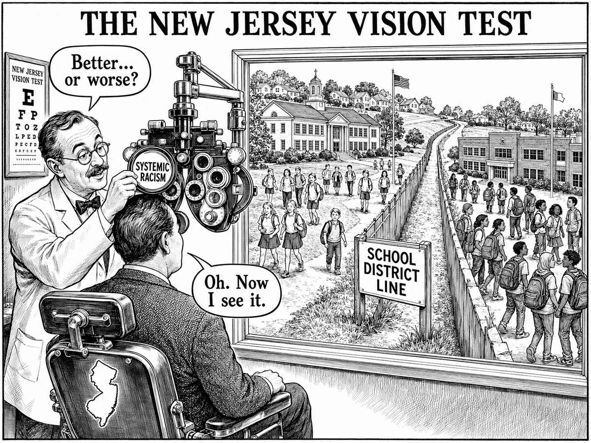 Editorial cartoon titled THE NEW JERSEY VISION TEST. An optometrist swings a lens labeled SYSTEMIC RACISM into a phoropter in front of a seated patient and asks, "Better... or worse?" The patient, in a chair stenciled with the outline of New Jersey, is looking through a window at two schoolyards divided by a fence and a sign reading SCHOOL DISTRICT LINE: on one side a hilltop school with only white children, on the other a flat brick school with only children of color. The patient answers, "Oh. Now I see it." An eye chart on the wall reads NEW JERSEY VISION TEST.