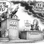 Editorial cartoon of a debate stage. A blustering politician at a lectern marked DEBATE jabs a finger in the air, shouting in a speech balloon: THEY'RE EATING THE PETS! At the base of the lectern a dog and a cat sit calmly side by side, sharing a food bowl labeled SPRINGFIELD. At a desk marked MODERATOR, a composed moderator holds up a sheet reading CITY MANAGER: NO CREDIBLE REPORTS. Dark storm clouds boil out of the speech balloon, lettered 33 BOMB THREATS, and drift toward a small schoolhouse on the horizon marked SPRINGFIELD ELEMENTARY with an American flag.
