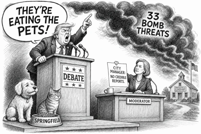 Editorial cartoon of a debate stage. A blustering politician at a lectern marked DEBATE jabs a finger in the air, shouting in a speech balloon: THEY'RE EATING THE PETS! At the base of the lectern a dog and a cat sit calmly side by side, sharing a food bowl labeled SPRINGFIELD. At a desk marked MODERATOR, a composed moderator holds up a sheet reading CITY MANAGER: NO CREDIBLE REPORTS. Dark storm clouds boil out of the speech balloon, lettered 33 BOMB THREATS, and drift toward a small schoolhouse on the horizon marked SPRINGFIELD ELEMENTARY with an American flag.