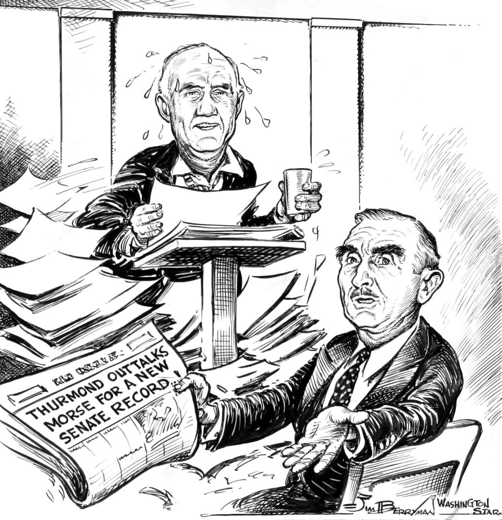 Editorial cartoon of a sweating Strom Thurmond at a podium during his 1957 filibuster while Wayne Morse looks on holding a newspaper reading "Thurmond outtalks Morse for a new Senate record"