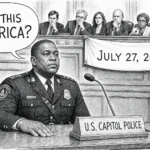Editorial cartoon: a Black U.S. Capitol Police officer at a hearing-room witness table asks IS THIS AMERICA? while a committee listens from the dais under a banner reading July 27, 2021