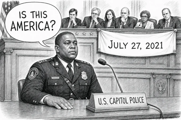 Editorial cartoon: a Black U.S. Capitol Police officer at a hearing-room witness table asks IS THIS AMERICA? while a committee listens from the dais under a banner reading July 27, 2021