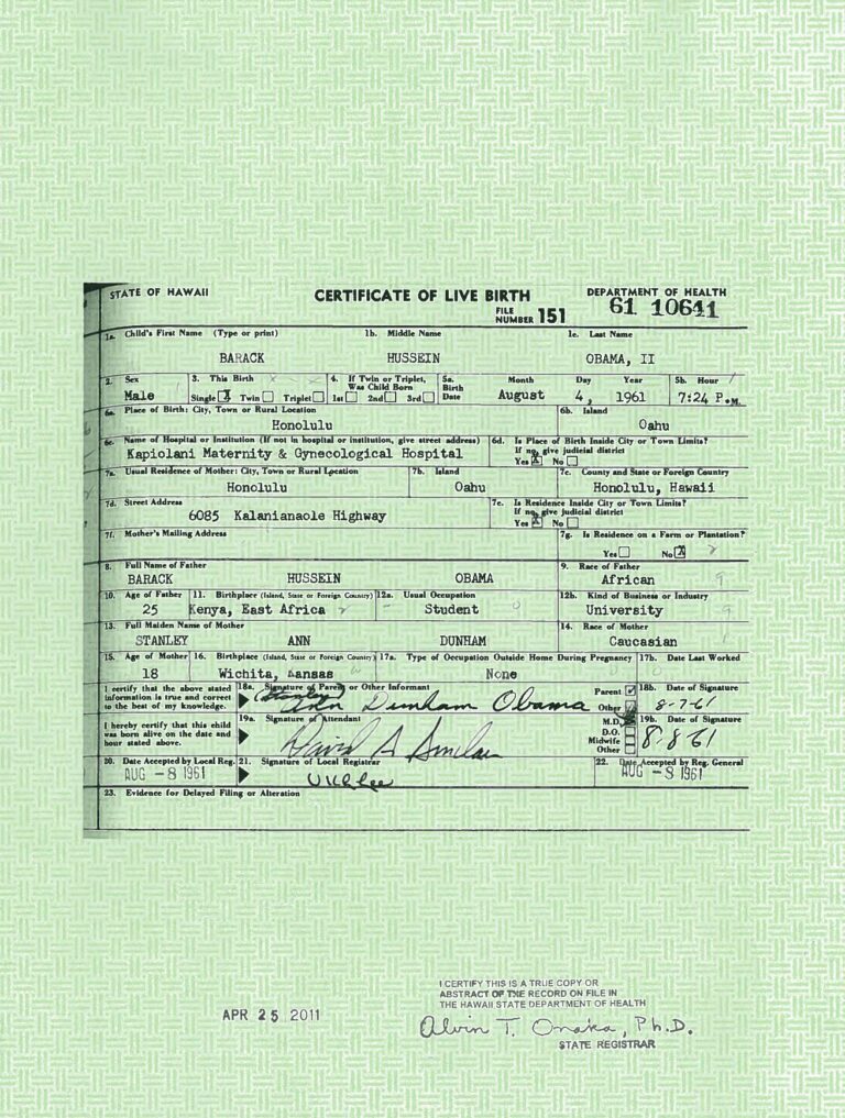 The long-form certificate of live birth for Barack Hussein Obama II, issued by the State of Hawaii, released by the White House in April 2011