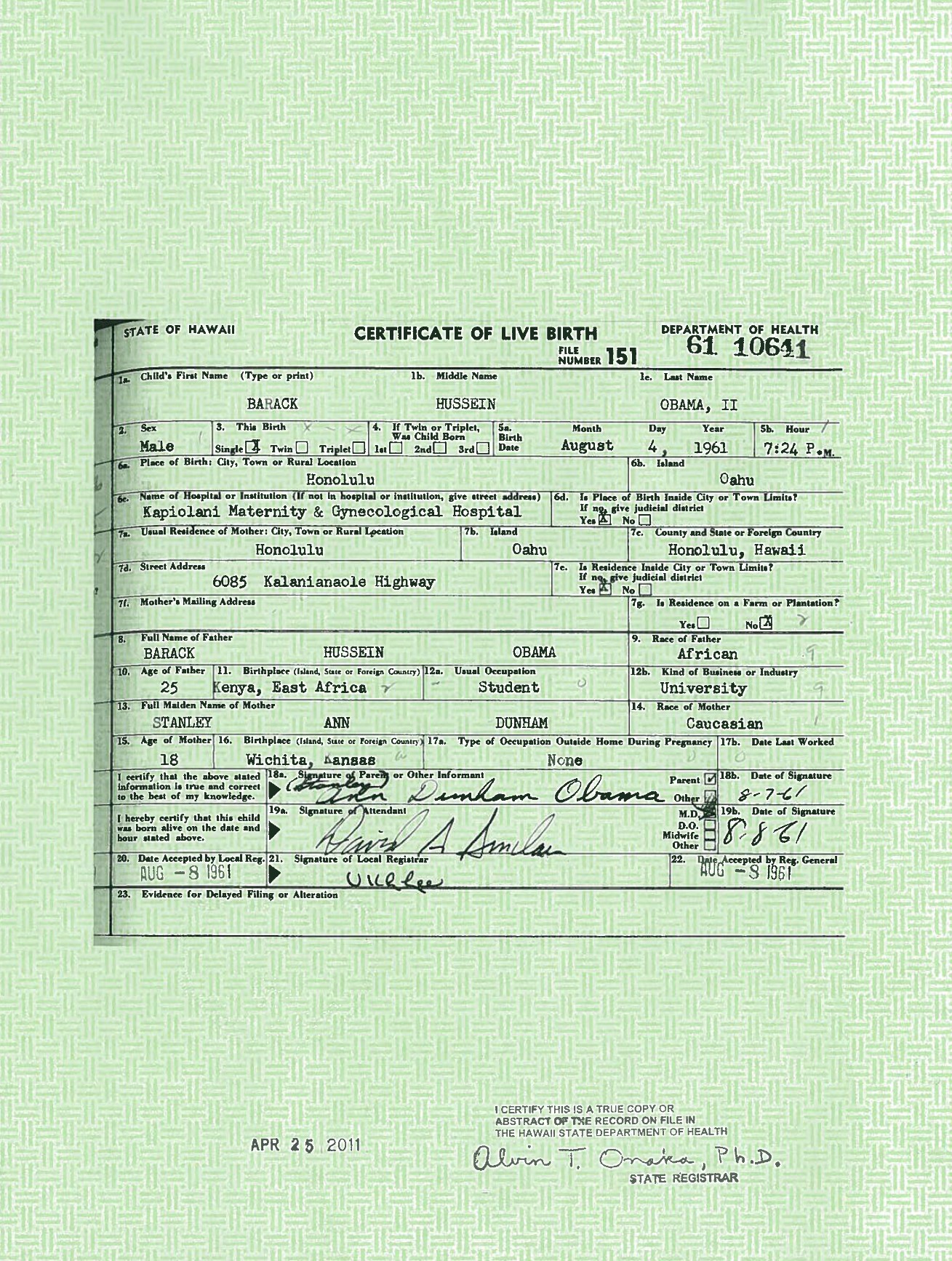 The long-form certificate of live birth for Barack Hussein Obama II, issued by the State of Hawaii, released by the White House in April 2011