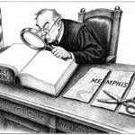 Editorial cartoon: a judge in robes leans over the bench and peers through a large magnifying glass at an open ledger whose pages are completely blank. The ledger's cover is hand-lettered DIRECT EVIDENCE. Beside it on the bench lies a paper map hand-lettered MEMPHIS, cut into three separate pieces, with a pair of open scissors resting on top. The judge is looking only at the blank page.