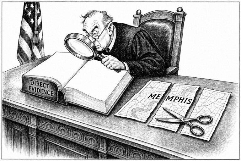 Editorial cartoon: a judge in robes leans over the bench and peers through a large magnifying glass at an open ledger whose pages are completely blank. The ledger's cover is hand-lettered DIRECT EVIDENCE. Beside it on the bench lies a paper map hand-lettered MEMPHIS, cut into three separate pieces, with a pair of open scissors resting on top. The judge is looking only at the blank page.
