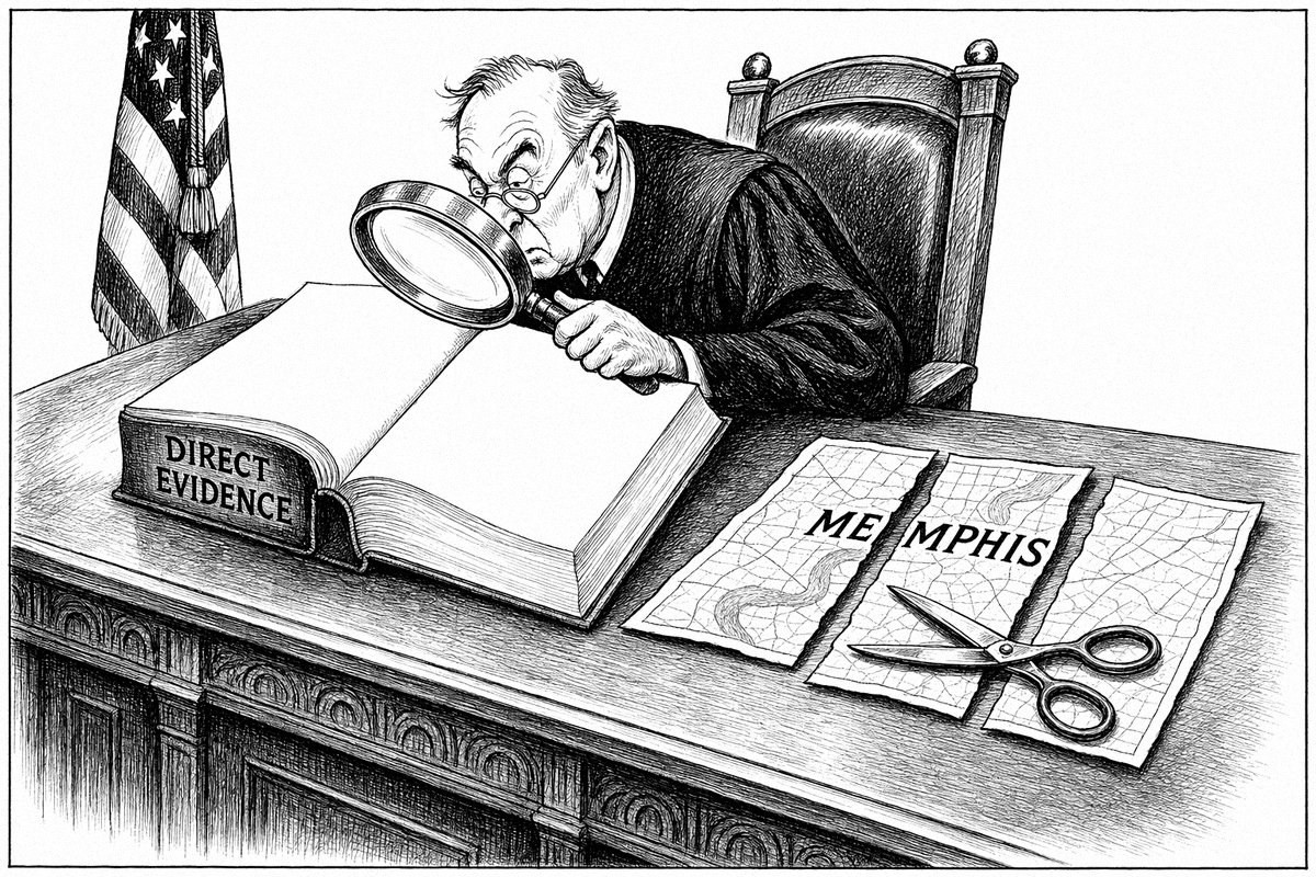 Editorial cartoon: a judge in robes leans over the bench and peers through a large magnifying glass at an open ledger whose pages are completely blank. The ledger's cover is hand-lettered DIRECT EVIDENCE. Beside it on the bench lies a paper map hand-lettered MEMPHIS, cut into three separate pieces, with a pair of open scissors resting on top. The judge is looking only at the blank page.
