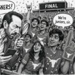 Pen-and-ink editorial cartoon: a man squints through a magnifying glass at his phone and shouts "Foreigners!" at a cheering student section of South Asian football fans in longhorn jerseys; one student replies, "We're juniors, sir."