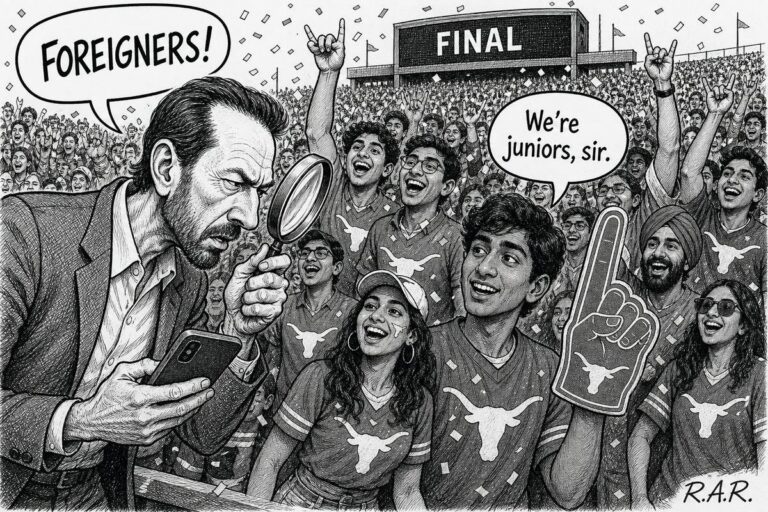 Pen-and-ink editorial cartoon: a man squints through a magnifying glass at his phone and shouts "Foreigners!" at a cheering student section of South Asian football fans in longhorn jerseys; one student replies, "We're juniors, sir."