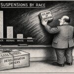 Pen-and-ink editorial cartoon: a bureaucrat uses an eraser labeled U.S. Dept. of Education to wipe a chalkboard chart titled Suspensions by Race, beside a tied stack of papers labeled Desegregation Orders stamped Case Closed.