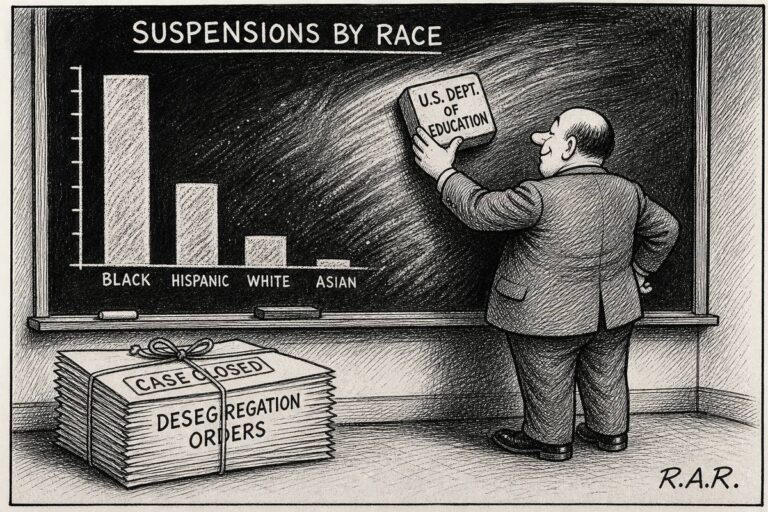 Pen-and-ink editorial cartoon: a bureaucrat uses an eraser labeled U.S. Dept. of Education to wipe a chalkboard chart titled Suspensions by Race, beside a tied stack of papers labeled Desegregation Orders stamped Case Closed.