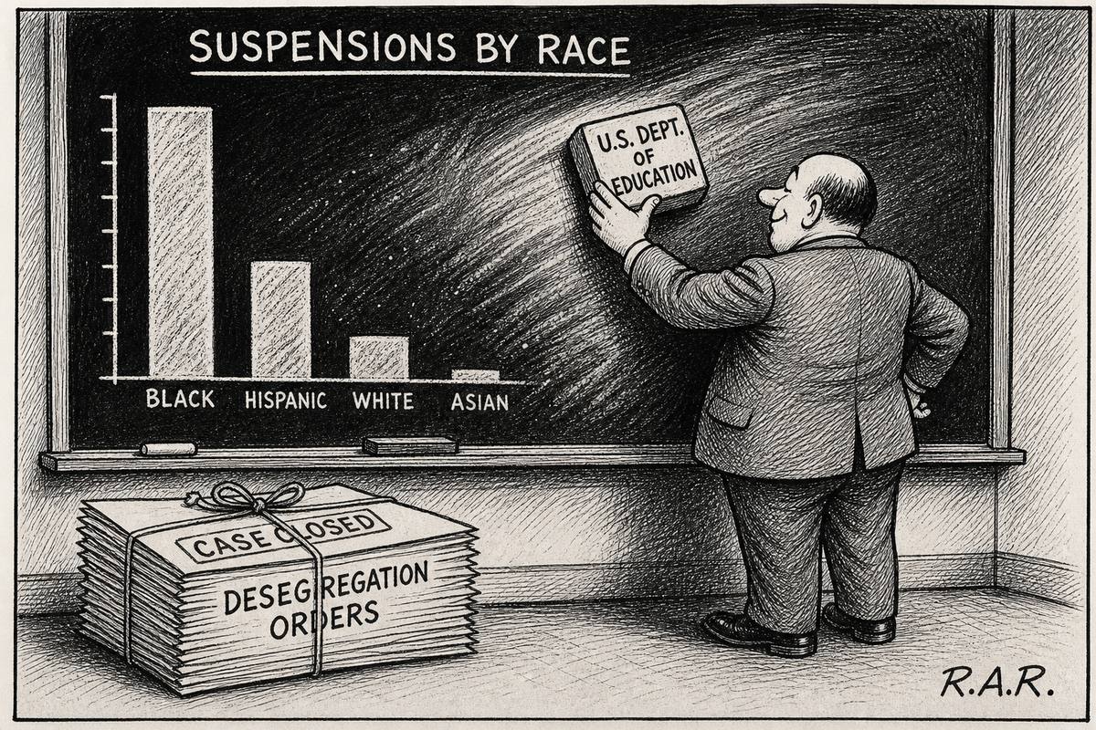 Pen-and-ink editorial cartoon: a bureaucrat uses an eraser labeled U.S. Dept. of Education to wipe a chalkboard chart titled Suspensions by Race, beside a tied stack of papers labeled Desegregation Orders stamped Case Closed.