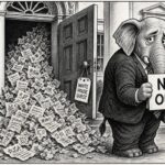 Pen-and-ink editorial cartoon: a pile of crumpled insulting posts spills out of a White House door tagged White House Guest, while a Republican elephant in a suit turns away holding a sign reading Not Ours.
