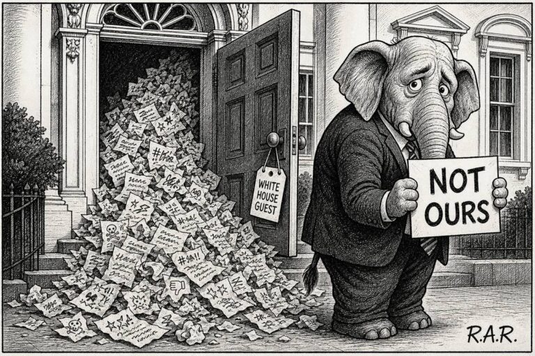 Pen-and-ink editorial cartoon: a pile of crumpled insulting posts spills out of a White House door tagged White House Guest, while a Republican elephant in a suit turns away holding a sign reading Not Ours.