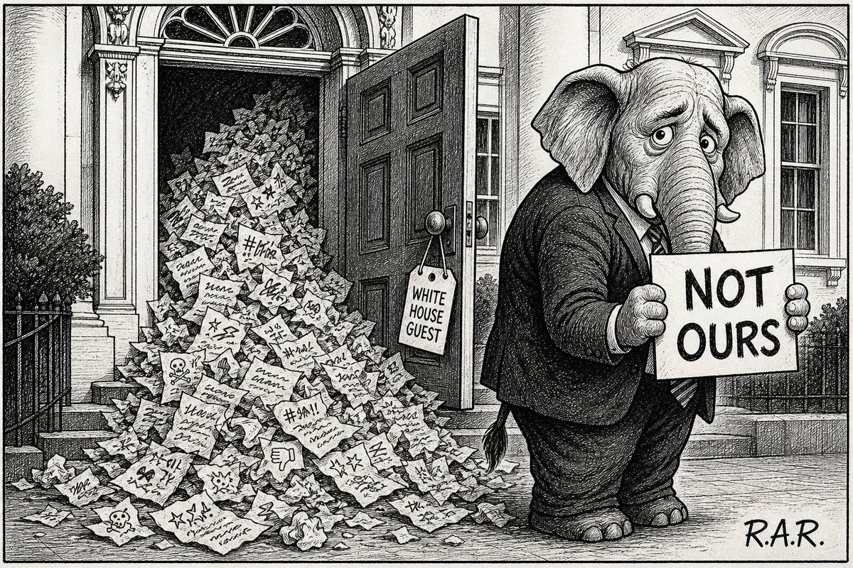 Pen-and-ink editorial cartoon: a pile of crumpled insulting posts spills out of a White House door tagged White House Guest, while a Republican elephant in a suit turns away holding a sign reading Not Ours.