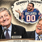 Editorial cartoon: John Kennedy imagines Abdul El-Sayed in a Bin Laden jersey inside a thought bubble labeled Kennedy’s imagination, while Michigan’s Mike Rogers laughs beside him.