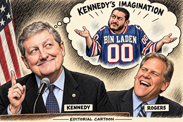 Editorial cartoon: John Kennedy imagines Abdul El-Sayed in a Bin Laden jersey inside a thought bubble labeled Kennedy’s imagination, while Michigan’s Mike Rogers laughs beside him.