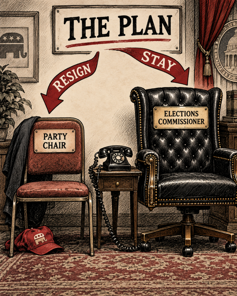 Editorial cartoon of two chairs labelled Party Chair and Elections Commissioner, with Resign and Stay arrows under The Plan.